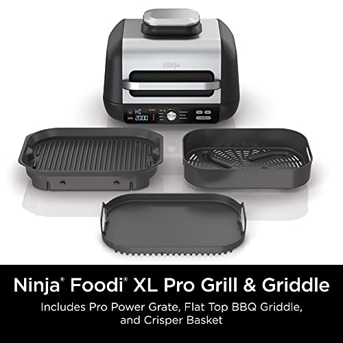 Ninja IG601 Foodi XL 7-in-1 Indoor Grill Combo, use Opened or Closed, Air Fry, Dehydrate & More, Pro Power Grate, Flat Top Griddle, Crisper, Black, 4 Quarts (Renewed)