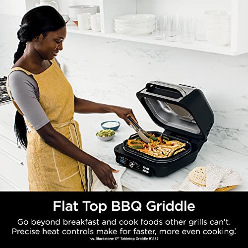 Ninja IG601 Foodi XL 7-in-1 Indoor Grill Combo, use Opened or Closed, Air Fry, Dehydrate & More, Pro Power Grate, Flat Top Griddle, Crisper, Black, 4 Quarts (Renewed)