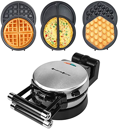 Health and Home 3-in-1 Waffle Maker, Omelet Maker, Egg Waffle Maker, 3 Removable Nonstick Baking Plates, Upgraded 360 Rotating Belgian Waffle Maker