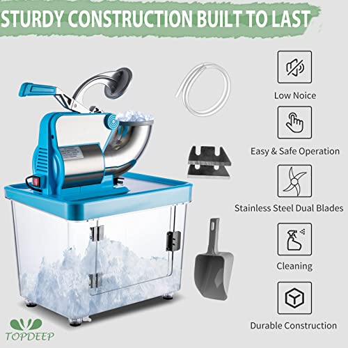 Topdeep Commercial Ice Crusher, 110V Electric Snow Cone Machine ETL Approved, 440LBS/H Snow Cone Maker with Dual Blades, Stainless Steel Shaved Ice Machine or Home and Commercial Use