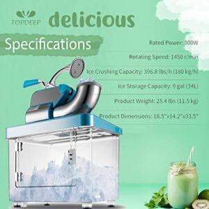 Topdeep Commercial Ice Crusher, 110V Electric Snow Cone Machine ETL Approved, 440LBS/H Snow Cone Maker with Dual Blades, Stainless Steel Shaved Ice Machine or Home and Commercial Use