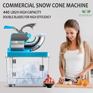 Topdeep Commercial Ice Crusher, 110V Electric Snow Cone Machine ETL Approved, 440LBS/H Snow Cone Maker with Dual Blades, Stainless Steel Shaved Ice Machine or Home and Commercial Use