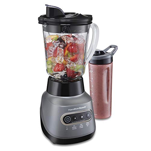 Hamilton Beach 58181 Blender to Puree, Crush Ice, and Make Shakes and Smoothies, 40 Oz Glass Jar, 6 Functions + 20 Oz Travel Container, Gray