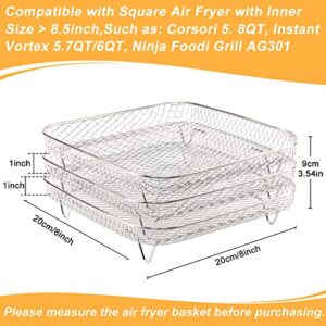 BYKITCHEN 8 inch Square Air Fryer Rack, Set of 3, Stackable Multi-Layer Stainless Steel Dehydrator Rack, Square Air Fryer Accessories for Cosori, Instant Vortex, Nuwave Air Fryer, Ninja Foodi Grill