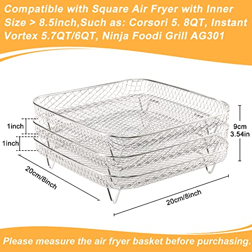 BYKITCHEN 8 inch Square Air Fryer Rack, Set of 3, Stackable Multi-Layer Stainless Steel Dehydrator Rack, Square Air Fryer Accessories for Cosori, Instant Vortex, Nuwave Air Fryer, Ninja Foodi Grill