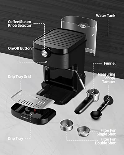 SHARDOR Espresso Machine, Automatic Latte & Cappuccino Maker, 15 Bar Pump Pressure Espresso Coffee Maker with Milk Frother Steam Wand, 1300W, Black