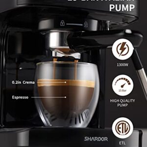 SHARDOR Espresso Machine, Automatic Latte & Cappuccino Maker, 15 Bar Pump Pressure Espresso Coffee Maker with Milk Frother Steam Wand, 1300W, Black