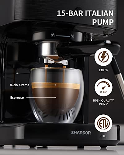 SHARDOR Espresso Machine, Automatic Latte & Cappuccino Maker, 15 Bar Pump Pressure Espresso Coffee Maker with Milk Frother Steam Wand, 1300W, Black