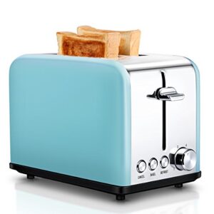 toaster 2 slice, retro small toaster with bagel, cancel, defrost function, extra wide slot compact stainless steel toasters for bread waffles, blue