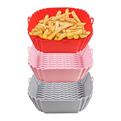 YCQQPRO Square Air Fryer Silicone Liners, 8Inch 3Pack Reusable Air Fryer Silicone Basket, Food Grade Heat Resistant Easy Cleaning Air Fryers Oven Accessories for 4QT or Bigger Air Fryer(Red+Pink+Grey)