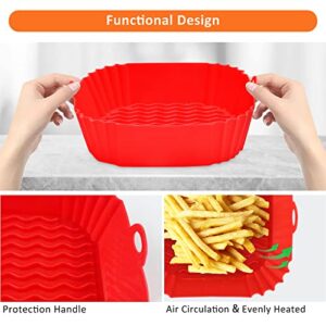 YCQQPRO Square Air Fryer Silicone Liners, 8Inch 3Pack Reusable Air Fryer Silicone Basket, Food Grade Heat Resistant Easy Cleaning Air Fryers Oven Accessories for 4QT or Bigger Air Fryer(Red+Pink+Grey)