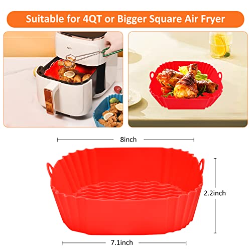 YCQQPRO Square Air Fryer Silicone Liners, 8Inch 3Pack Reusable Air Fryer Silicone Basket, Food Grade Heat Resistant Easy Cleaning Air Fryers Oven Accessories for 4QT or Bigger Air Fryer(Red+Pink+Grey)