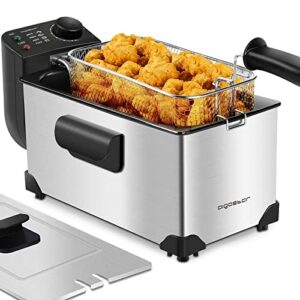 aigostar deep fryer with basket, 3l/3.2qt stainless steel electric deep fat fryer with temperature limiter for frying chicken, tempura, french fries, fish and onion rings,1650w, silver