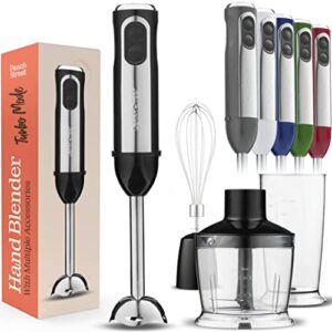 multi-use immersion blender, hand blender with powerful copper motor 800w, high speed, turbo mode, 3 in 1 handheld blender stick stainless steel blades, whisk, beaker with measuring marks, and chopper