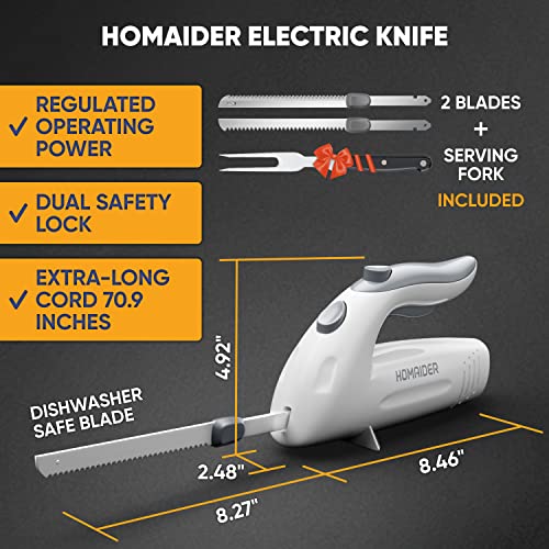 Homaider Electric Knife for Carving Meat, Turkey, Bread & More. Serving Fork and Carving Blades Included