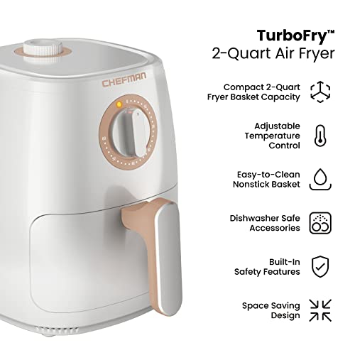 Chefman TurboFry 2-Quart Air Fryer, Dishwasher Safe Basket & Tray, Use Little to No Oil For Healthy Food, 60 Minute Timer, Fry Healthier Meals Fast, Heat And Power Indicator Light, Temp Control, White