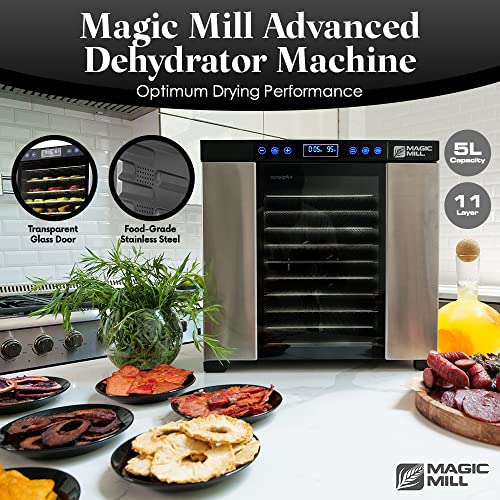 Magic Mill Food Dehydrator Machine | 11 Stainless Steel Trays | Adjustable Timer and Temperature Control | Jerky, Herb, Meat, Beef, Fruits and Vegetables Dryer | Safety Over Heat Protection