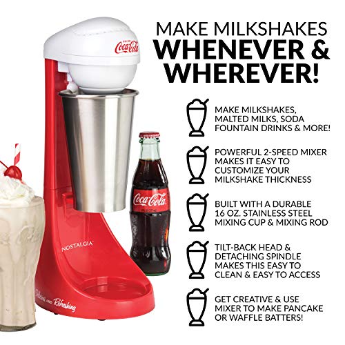 Nostalgia Two-Speed Electric Coca-Cola Limited Edition Milkshake Maker and Drink Mixer, Includes 16-Ounce Stainless Steel Mixing Cup and Rod, Red