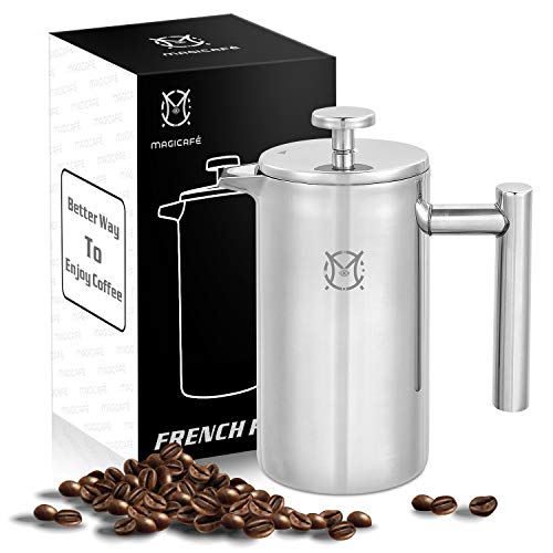 Magicafé French Press Coffee Maker – Single Serve 1 Cup Small Stainless Steel Thermal Double Walled French Press 350ML/12OZ