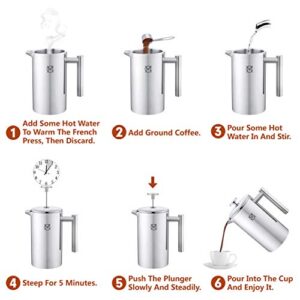 Magicafé French Press Coffee Maker – Single Serve 1 Cup Small Stainless Steel Thermal Double Walled French Press 350ML/12OZ