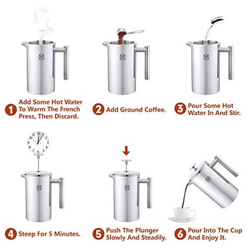 Magicafé French Press Coffee Maker – Single Serve 1 Cup Small Stainless Steel Thermal Double Walled French Press 350ML/12OZ