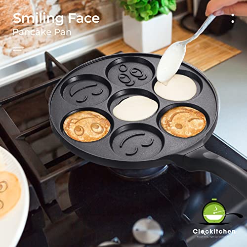 Clockitchen Pancake Pan Nonstick Griddle Pancake Maker Mini Pancake and 7 Smiling Face Cups Pan Breakfast Crepe for Kids, Black