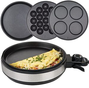 multi baker deluxe- electric appliance with temperature control, 3 interchangeable skillets for grilling, baking or dessert making- grilled cheese, omelets, personal pizza, takoyaki, sandwiches, cake pops & more, great gift