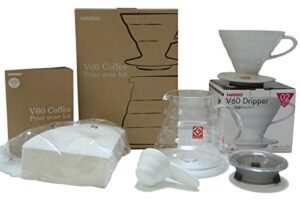 hario v60 coffee pour over kit bundle set – comes with ceramic dripper, range server glass pot, measuring spoon, and 100 count package of hario 02w coffee filters