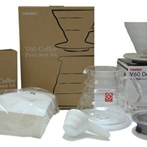 Hario V60 Coffee Pour Over Kit Bundle Set - Comes with Ceramic Dripper, Range Server Glass Pot, Measuring Spoon, and 100 Count Package of Hario 02W Coffee Filters