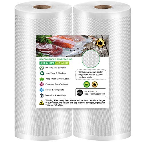 Geniusidea 11" x 50' 2 Rolls Vacuum Sealer Bags for Food Saver (100ft) Seal a Meal Commercial Grade Bags BPA Free Heavy Duty Great for Vac Storage Meal Prep or Sous Vide, White