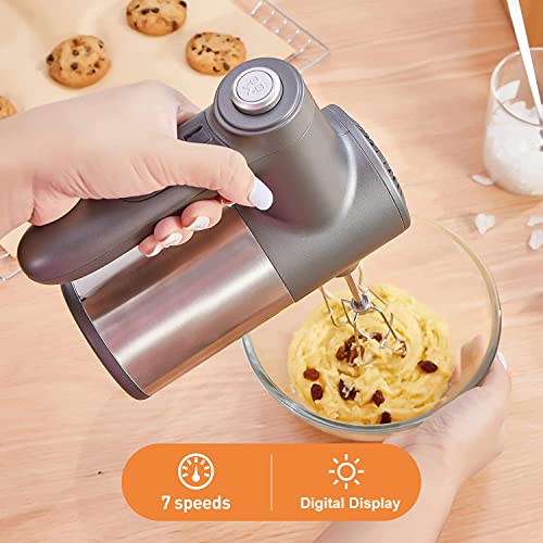 VOVGUU Cordless Hand Mixer with Digital Display 7 Speed Rechargeable Hand Mixer for Cookies Wireless with Stand, Type-C Charging Cable 2 Flat Beaters and 2 Net Whisk Include
