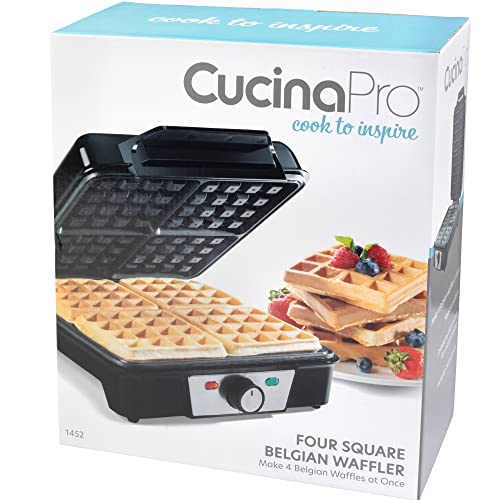 CucinaPro Four Square Belgian Waffle Maker, Extra Large Stainless Steel Kitchen Appliance with Nonstick Waffler Iron Plates, Makes 4 Fluffy Waffles, Griddle is Great for Family Breakfast or Gift