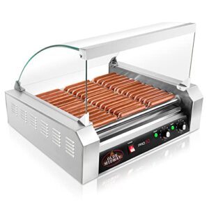 Olde Midway PRO30 Electric Grill Cooker Machine, 30 Hot Dog 11 Roller with Cover, Commercial Grade, Stainless Steel