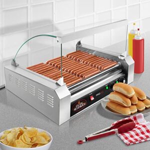 Olde Midway PRO30 Electric Grill Cooker Machine, 30 Hot Dog 11 Roller with Cover, Commercial Grade, Stainless Steel