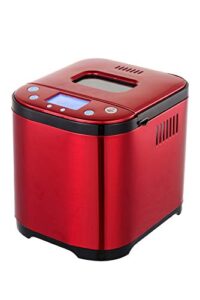 frigidaire bread maker machine with nonstick bowl, bread hook, measuring cup & spoon. 15-in-1, gluten-free bread, cake& yogurt, 3 crust colour options and more. 3 loaf sizes. 2lb xl-red