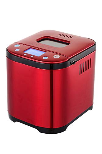 FRIGIDAIRE Bread Maker Machine with Nonstick Bowl, Bread Hook, Measuring Cup & Spoon. 15-in-1, Gluten-Free Bread, Cake& Yogurt, 3 Crust Colour options and more. 3 Loaf Sizes. 2LB XL-RED