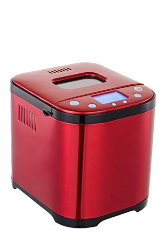 FRIGIDAIRE Bread Maker Machine with Nonstick Bowl, Bread Hook, Measuring Cup & Spoon. 15-in-1, Gluten-Free Bread, Cake& Yogurt, 3 Crust Colour options and more. 3 Loaf Sizes. 2LB XL-RED