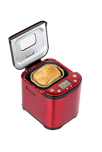 FRIGIDAIRE Bread Maker Machine with Nonstick Bowl, Bread Hook, Measuring Cup & Spoon. 15-in-1, Gluten-Free Bread, Cake& Yogurt, 3 Crust Colour options and more. 3 Loaf Sizes. 2LB XL-RED