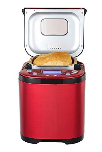 FRIGIDAIRE Bread Maker Machine with Nonstick Bowl, Bread Hook, Measuring Cup & Spoon. 15-in-1, Gluten-Free Bread, Cake& Yogurt, 3 Crust Colour options and more. 3 Loaf Sizes. 2LB XL-RED