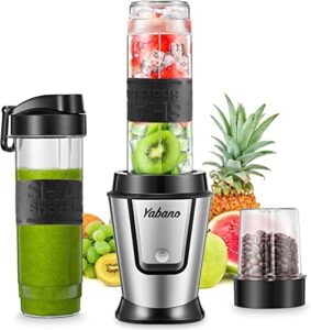 personal blender with 2 x 20oz travel bottle and coffee/spices jar, portable smoothie blender and coffee grinder in one , 500w single serve blender for shakes and smoothies, bpa free, by yabano (black)