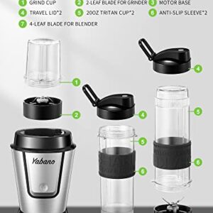 Personal Blender with 2 x 20oz Travel Bottle and Coffee/Spices Jar, Portable Smoothie Blender and Coffee Grinder in One , 500W Single Serve Blender for Shakes and Smoothies, BPA free, by Yabano (Black)