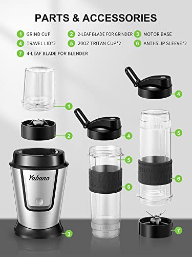 Personal Blender with 2 x 20oz Travel Bottle and Coffee/Spices Jar, Portable Smoothie Blender and Coffee Grinder in One , 500W Single Serve Blender for Shakes and Smoothies, BPA free, by Yabano (Black)