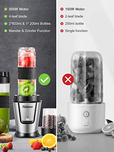 Personal Blender with 2 x 20oz Travel Bottle and Coffee/Spices Jar, Portable Smoothie Blender and Coffee Grinder in One , 500W Single Serve Blender for Shakes and Smoothies, BPA free, by Yabano (Black)