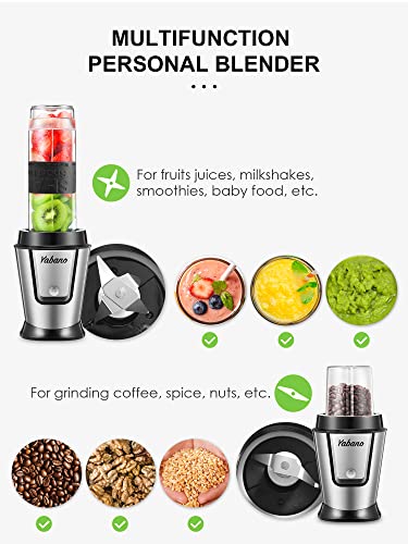 Personal Blender with 2 x 20oz Travel Bottle and Coffee/Spices Jar, Portable Smoothie Blender and Coffee Grinder in One , 500W Single Serve Blender for Shakes and Smoothies, BPA free, by Yabano (Black)