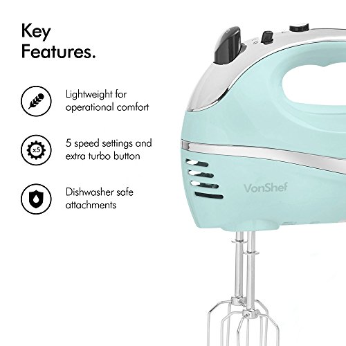 VonShef 5-Speed Hand Mixer - Electric 250W Hand-held Mixer with Turbo Boost Button & Stainless Steel Accessories (Chrome Beater, Dough Hook & Balloon Whisk) for Baking Cookies, Brownies & Cakes - Blue