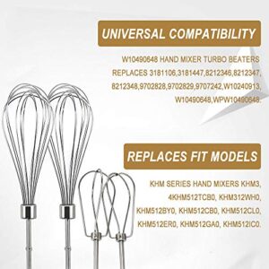 Cenipar W10490648&KHMPW- KHM2B W10490648 Hand Mixer Turbo Beaters(2 Pack) & KHMPW Stainless Steel Pro Whisk(2 Pack) Fit for KHM512BM KHMPW KHM2B