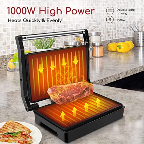 Panini Press Grill, Aigostar 1000W Sandwich Maker with Non-Stick Double Flat Cooking Plate, Indicator Light, Locking Lid, Cool Touch Handle, Panini Maker Electric Indoor Grill Easy to Storage & Clean
