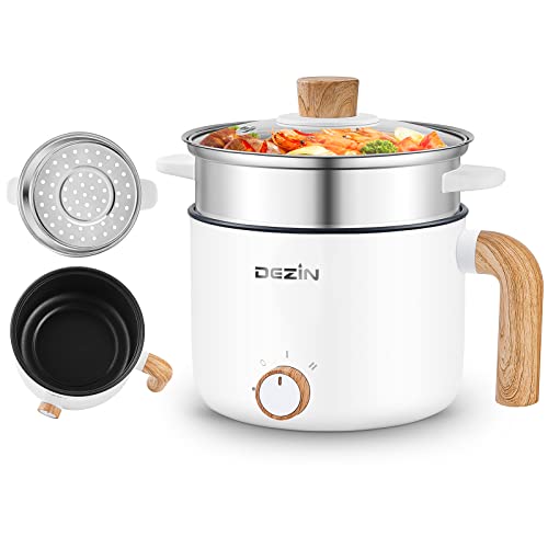 Dezin Electric Hot Pot with Steamer, 1.5L Non-stick Ramen Cooker, 2 in 1 Shabu Shabu Hot Pot, Multifunctional Cooker with Overheating Protection for Stew, Noodles (Egg Rack Included)