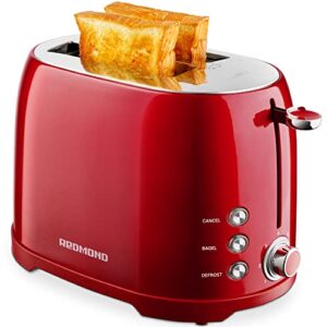 redmond toaster 2 slice, retro bagel stainless steel compact toaster with 1.5”extra wide slots, 7 bread shade settings for breakfast, 800w (valentine red)