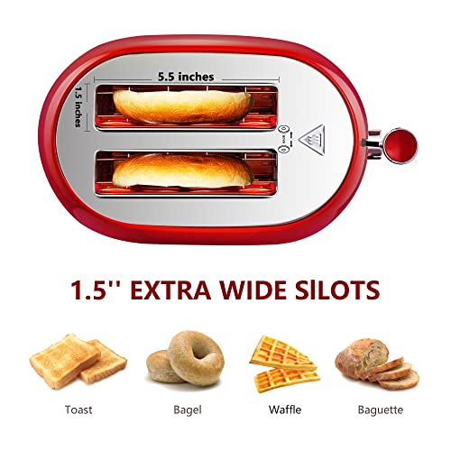 REDMOND Toaster 2 Slice, Retro Bagel Stainless Steel Compact Toaster with 1.5”Extra Wide Slots, 7 Bread Shade Settings for Breakfast, 800W (Valentine Red)